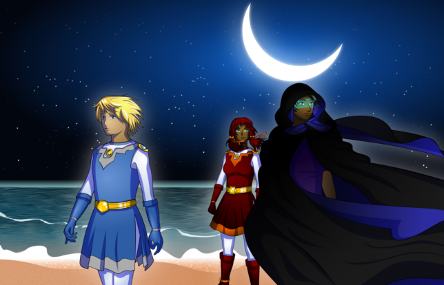 Sol, Luna, and Kestrel do their best impression of a famous Sailor Moon colour illustration